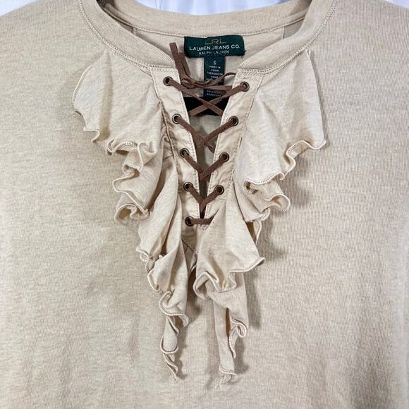 Lauren Ralph Lauren Plus Size 3/4 Sleeve Taupe Ruffle Front Blouse Top Sz S - Picture 3 of 4